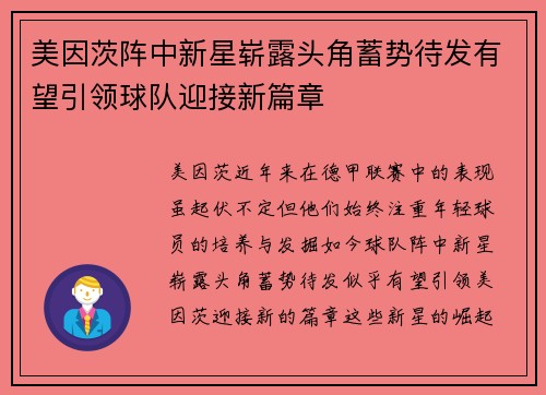 美因茨阵中新星崭露头角蓄势待发有望引领球队迎接新篇章