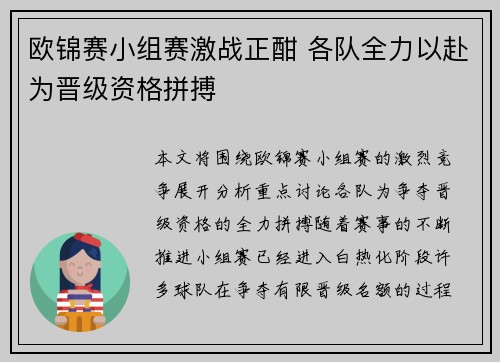 欧锦赛小组赛激战正酣 各队全力以赴为晋级资格拼搏