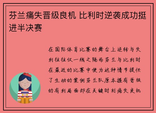 芬兰痛失晋级良机 比利时逆袭成功挺进半决赛